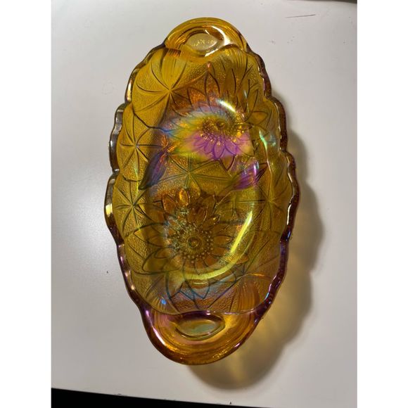 Vintage 1960s Oval Amber Glass Candy Dish Sunflower Lily Pads - Picture 1 of 2